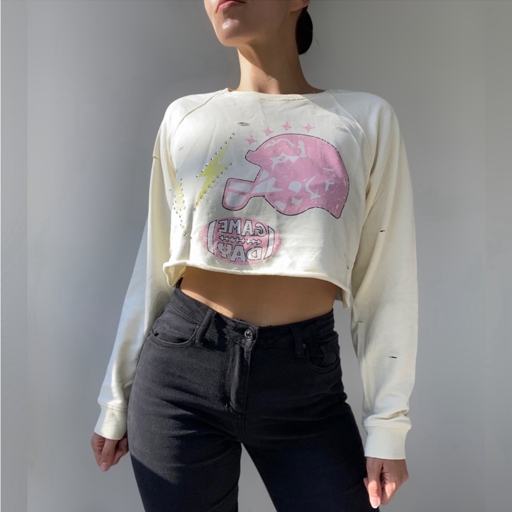 Blue B Collection Football Game Day Distressed Crop Sweater with Rhinest…